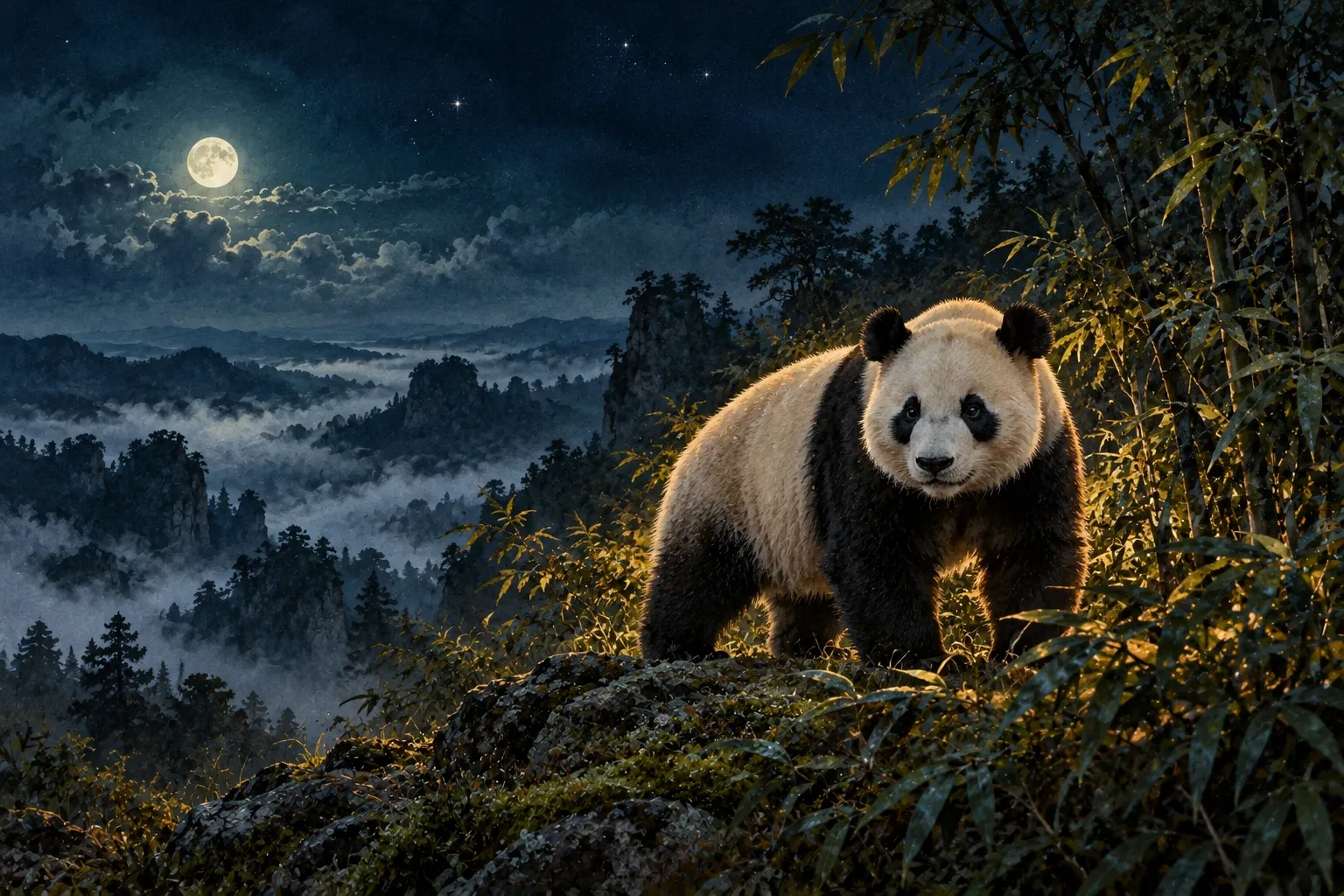 Dreamlike night painting of a panda in its natural world.