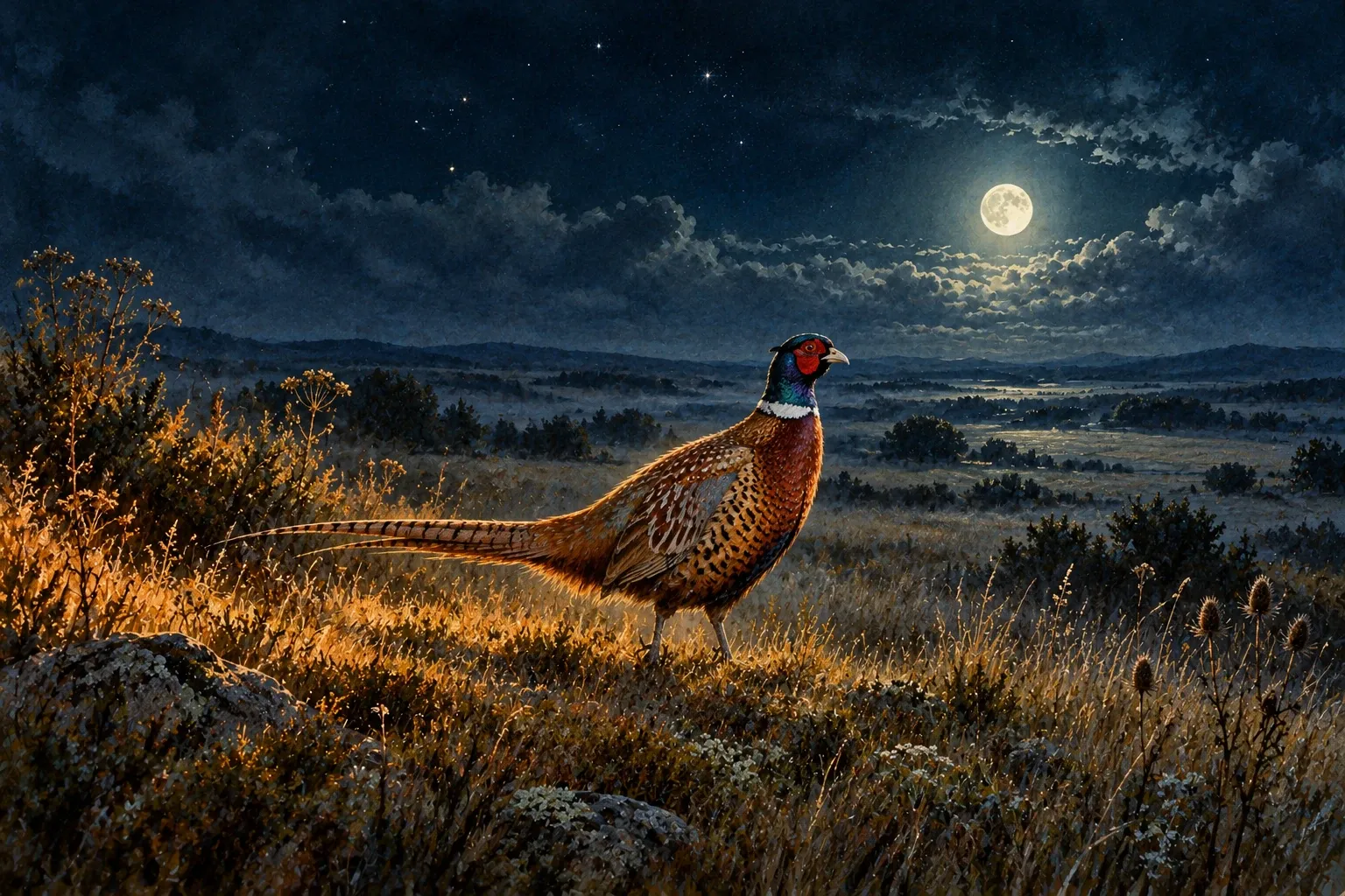 Dreamlike night painting of a pheasant in its natural world.