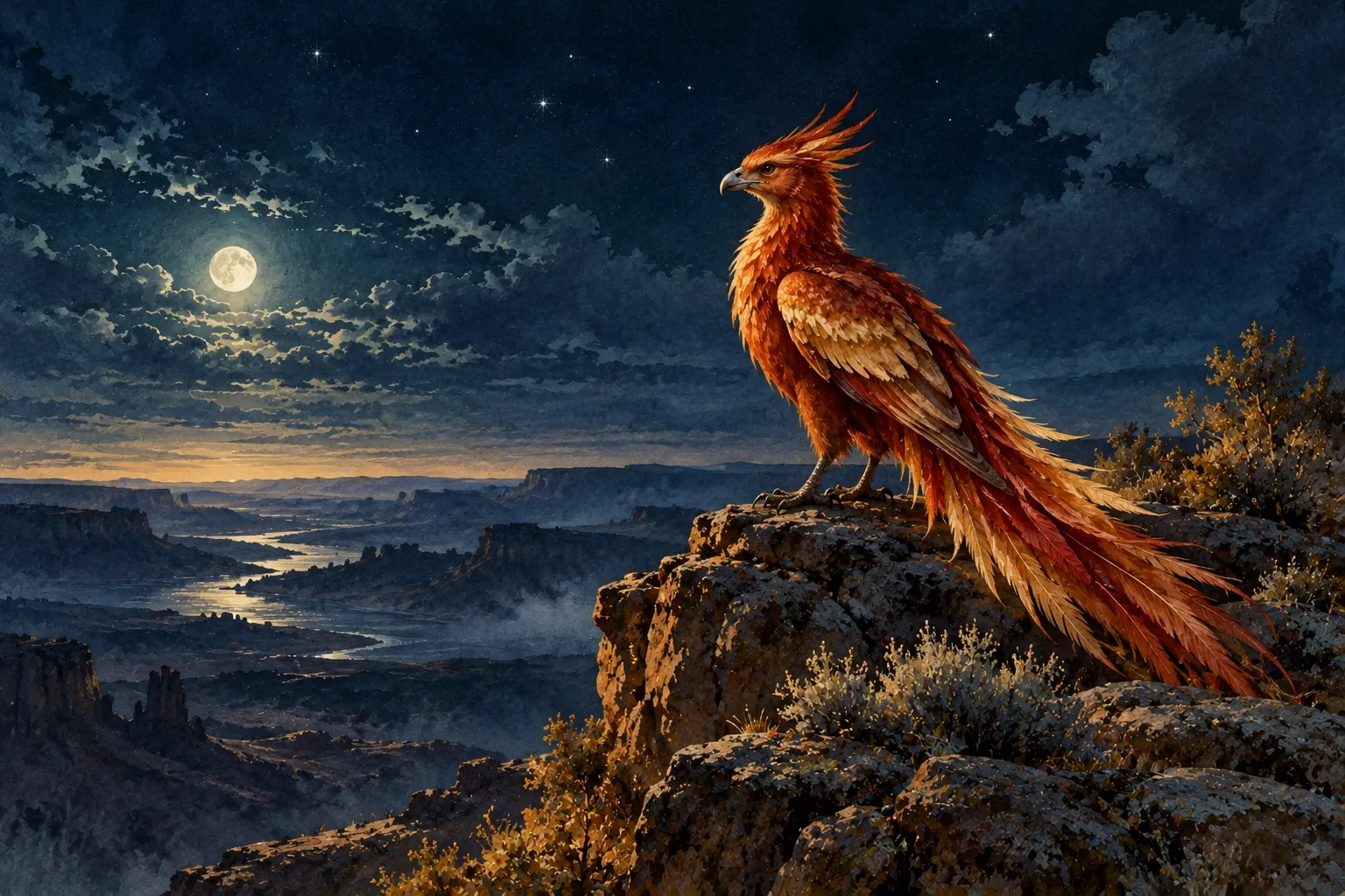 Dreamlike night painting of a phoenix in its natural world.