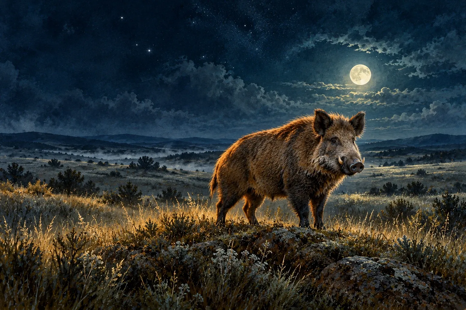 Dreamlike night painting of a pig in its natural world.