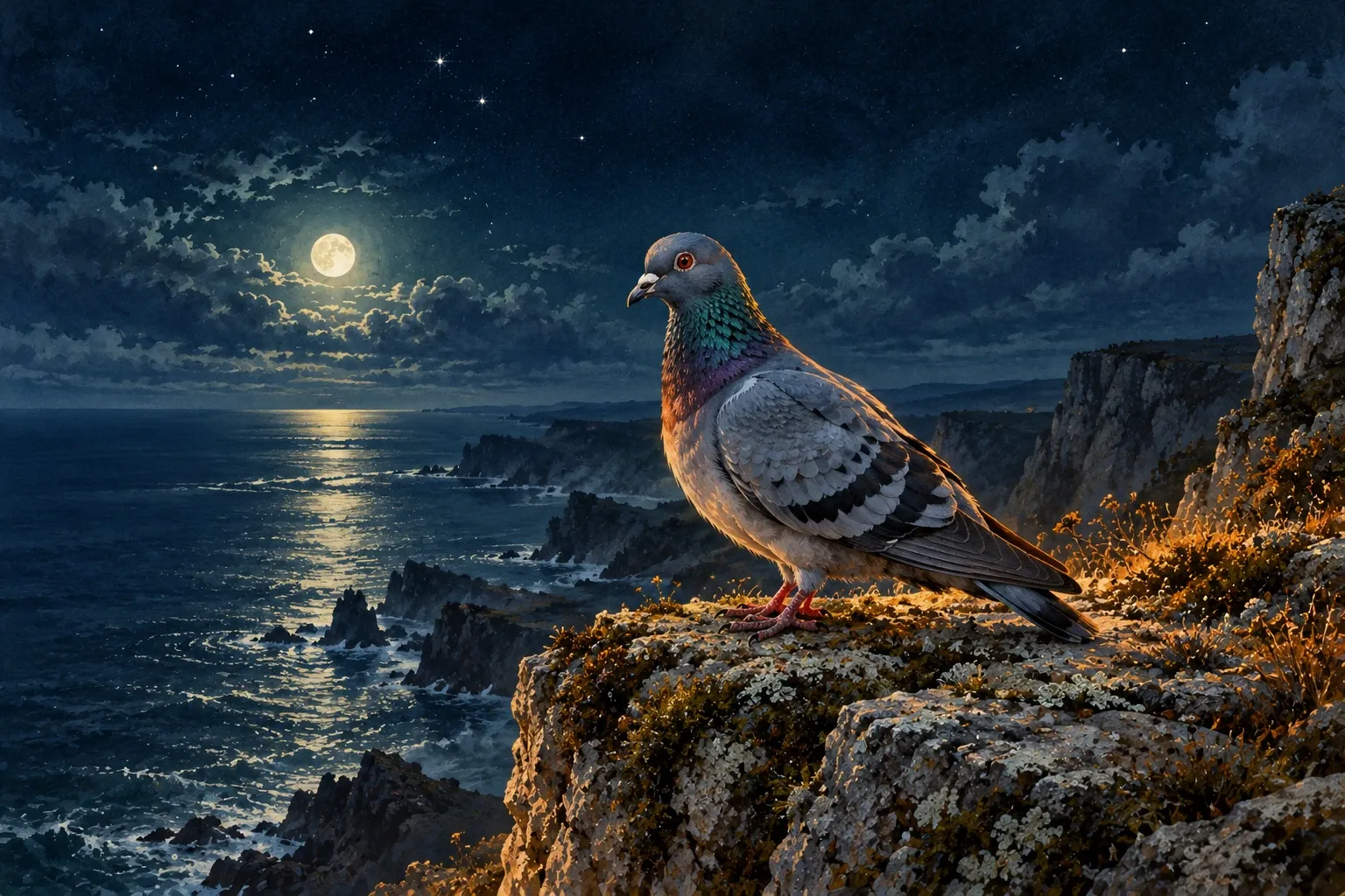 Dreamlike night painting of a pigeon in its natural world.