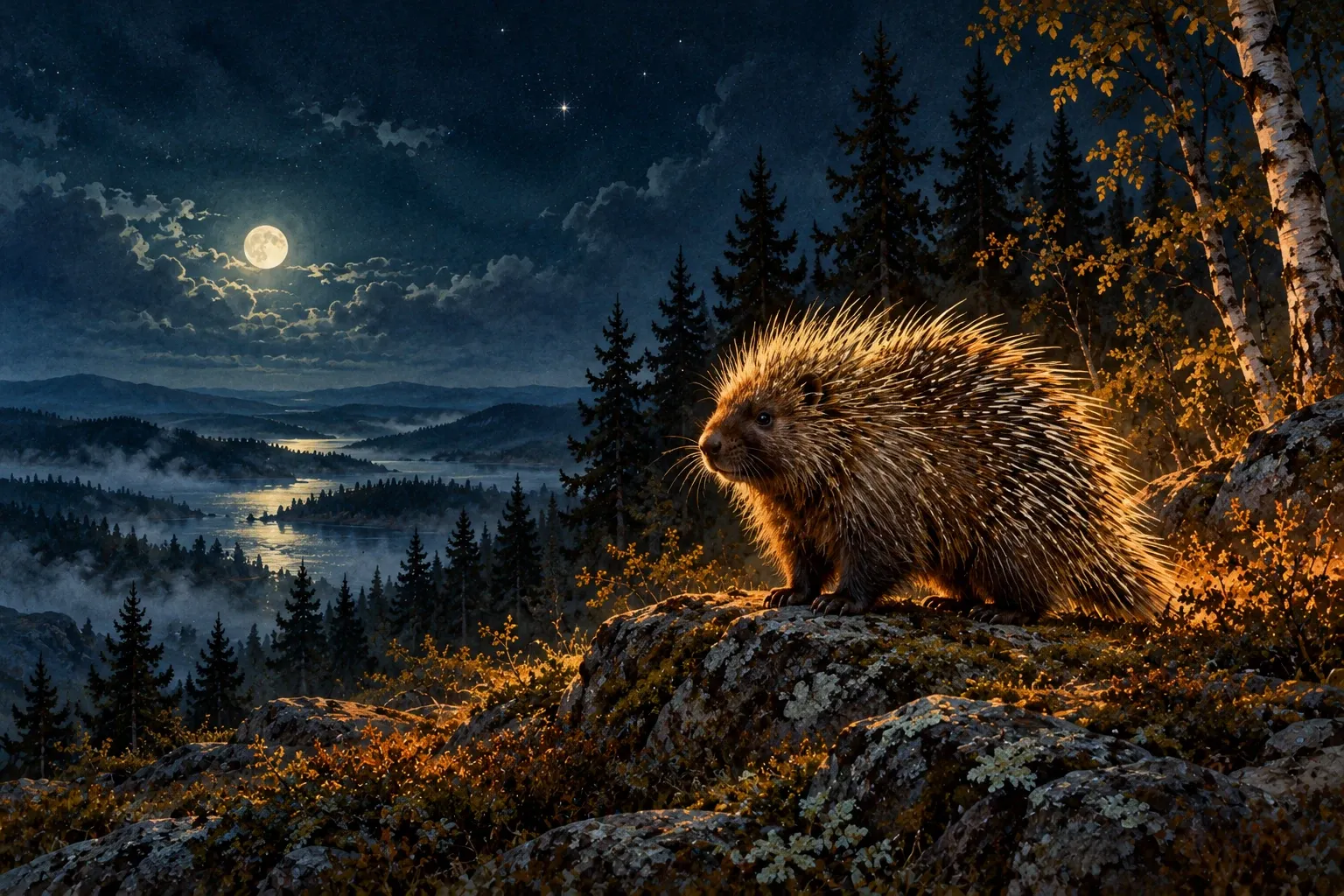 Dreamlike night painting of a porcupine in its natural world.