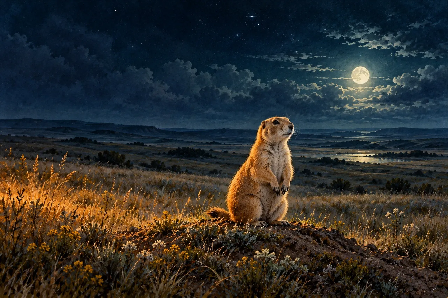 Dreamlike night painting of a prairie dog in its natural world.