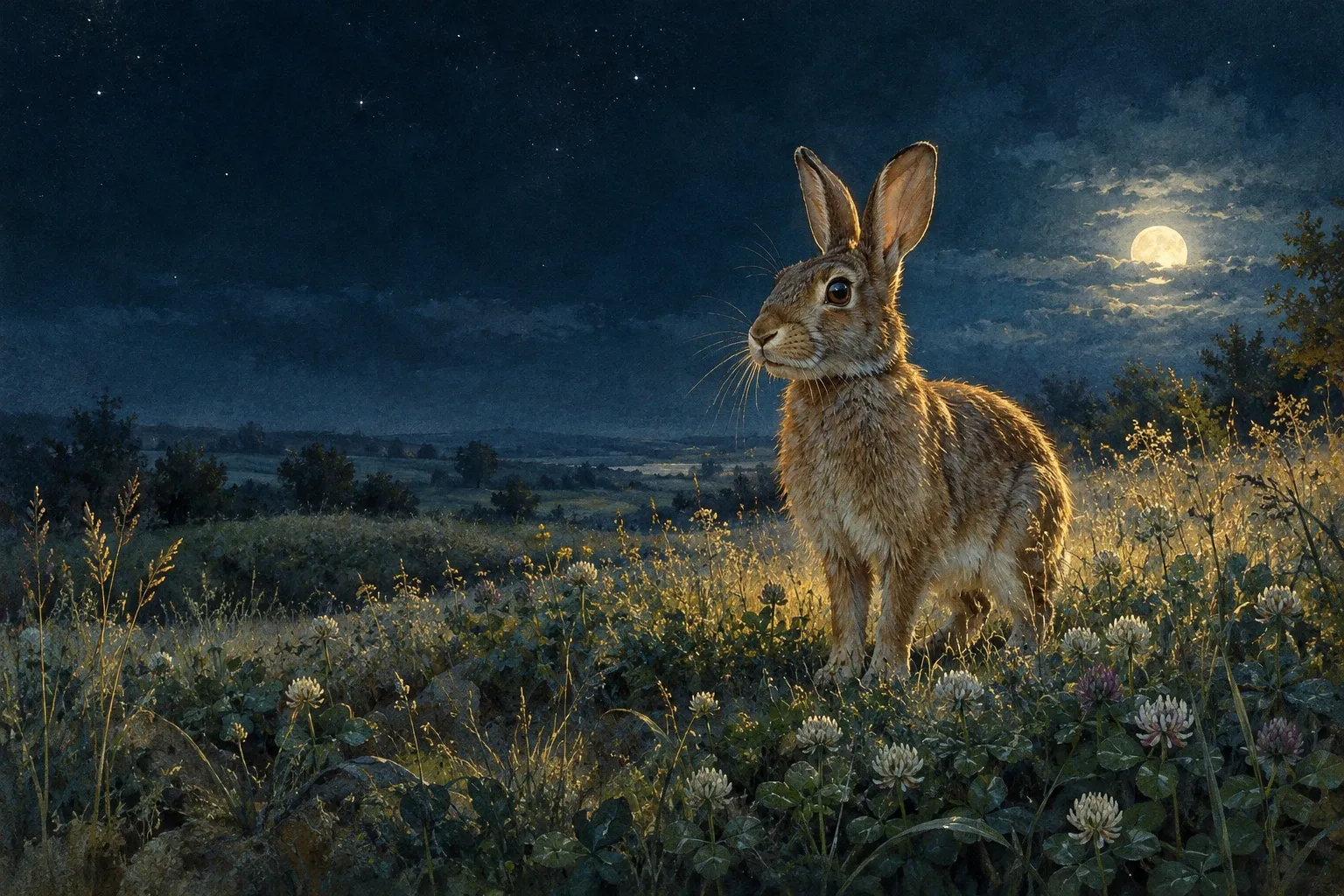 Dreamlike night painting of a rabbit in its natural world.