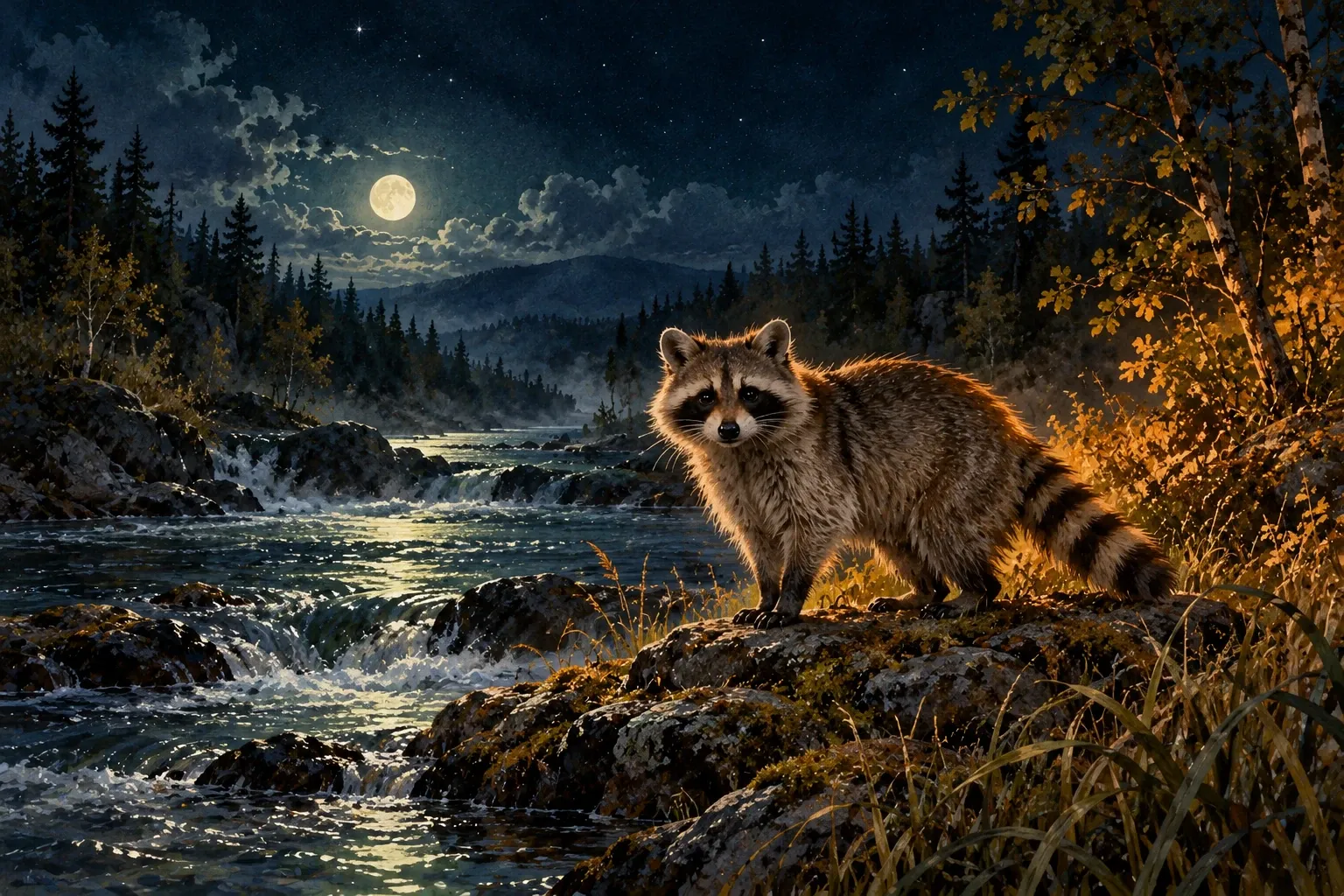 Dreamlike night painting of a raccoon in its natural world.