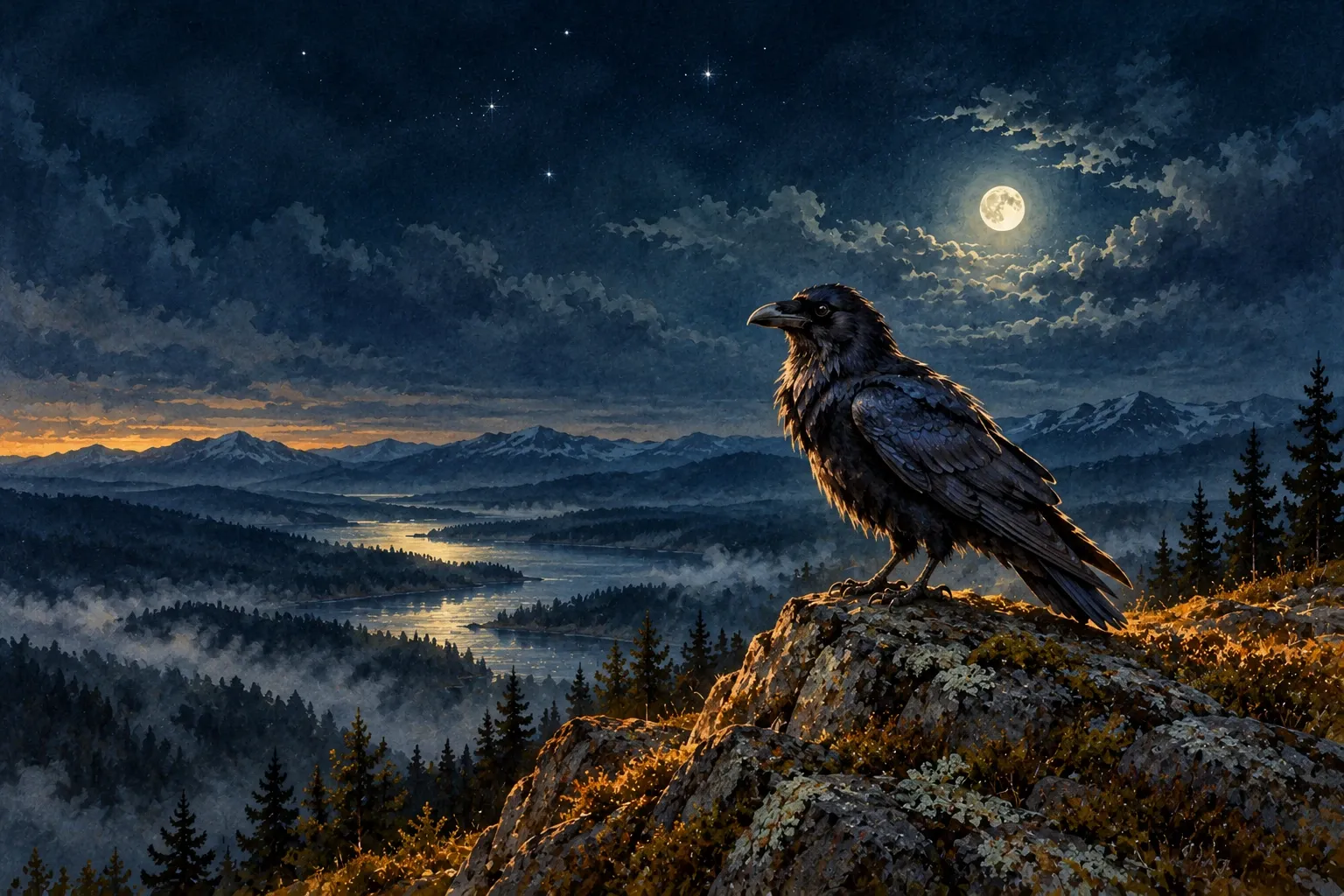 Dreamlike night painting of a raven in its natural world.
