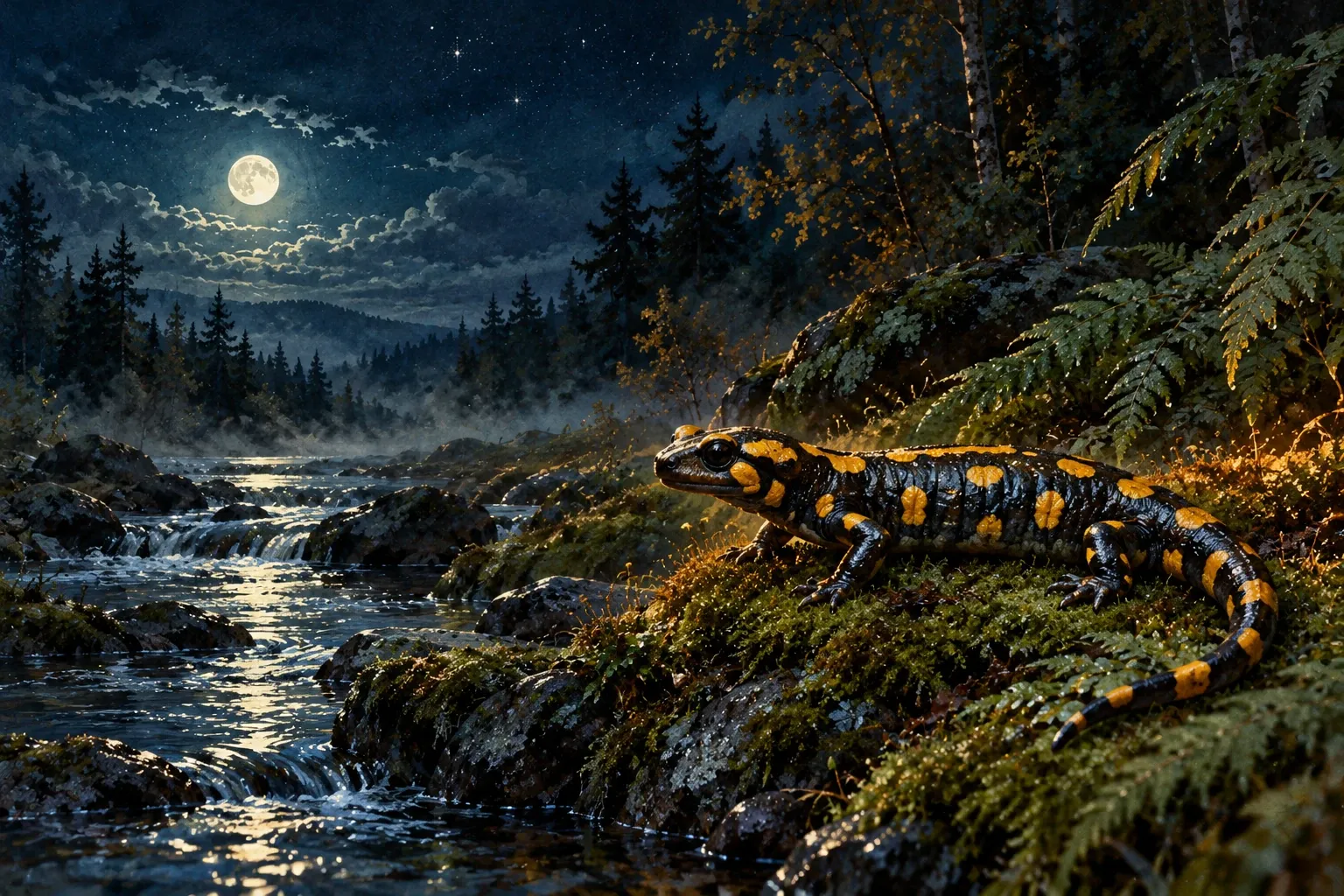 Dreamlike night painting of a salamander in its natural world.