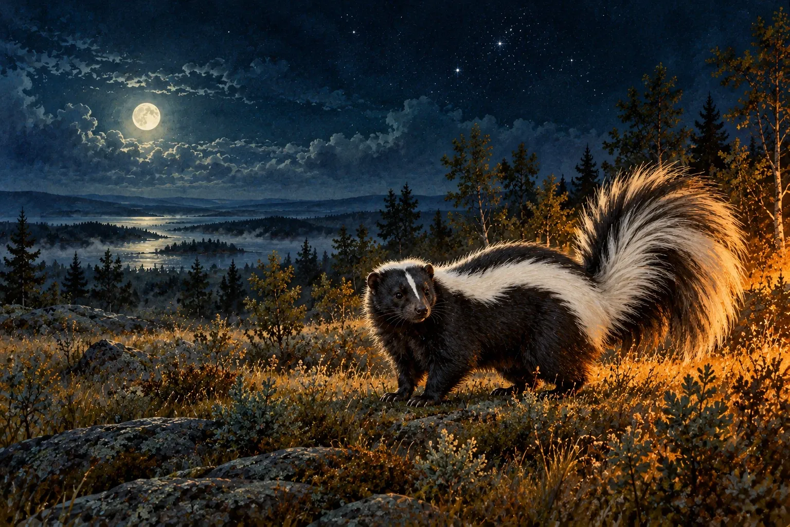 Dreamlike night painting of a skunk in its natural world.