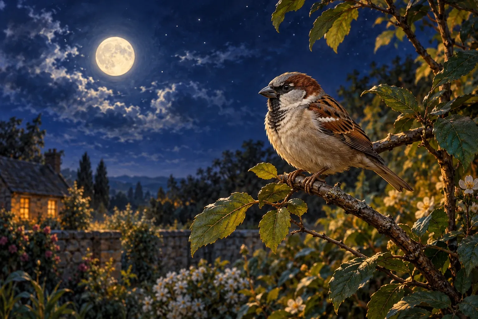 Dreamlike night painting of a sparrow in its natural world.