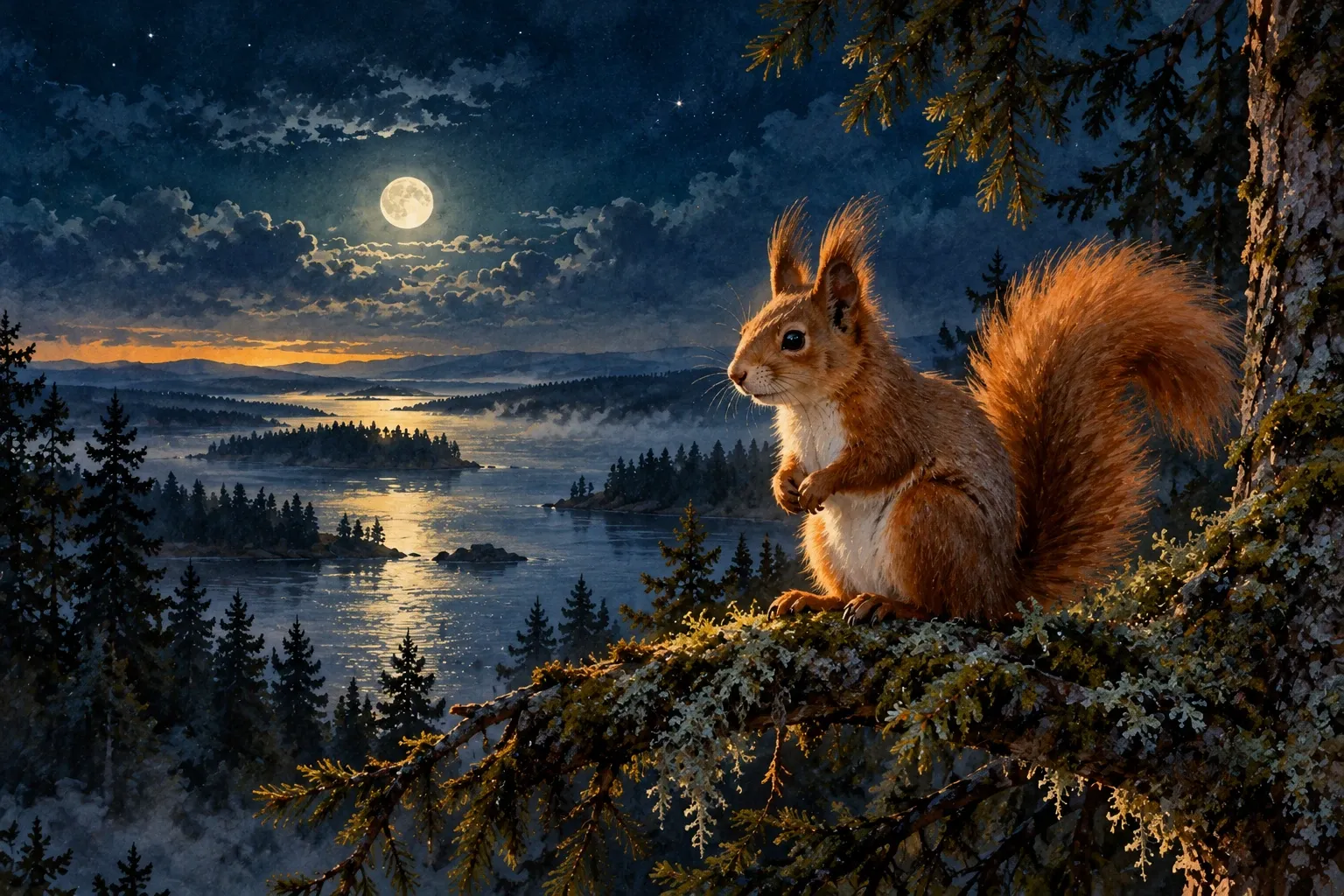Dreamlike night painting of a squirrel in its natural world.