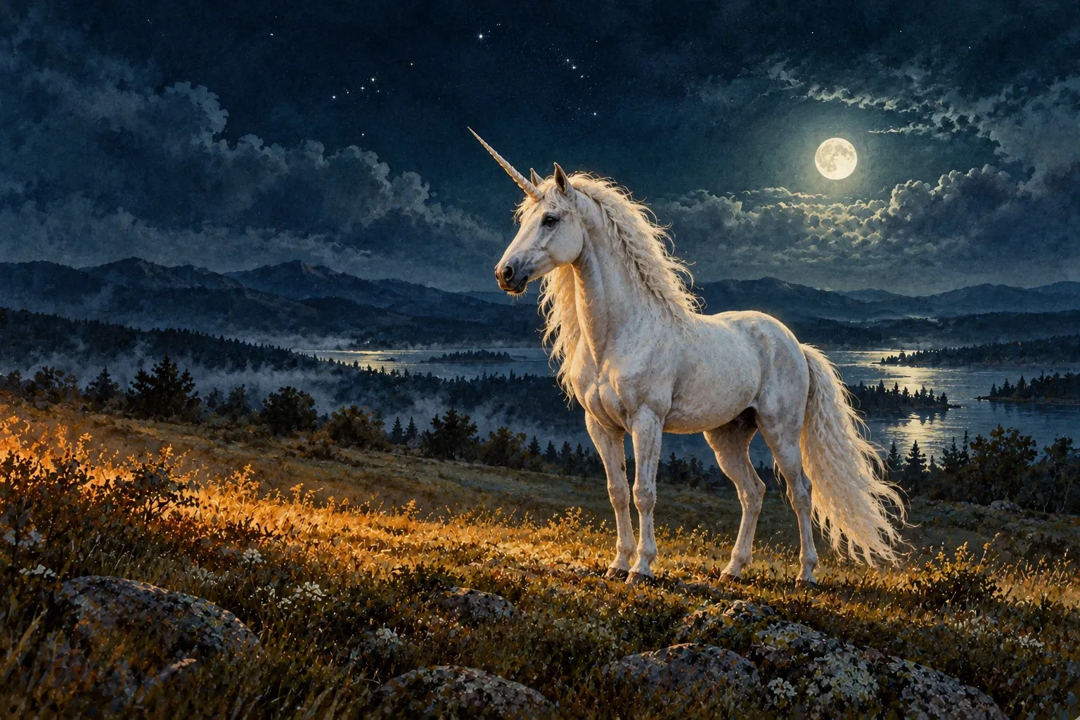 Dreamlike night painting of a unicorn in its natural world.