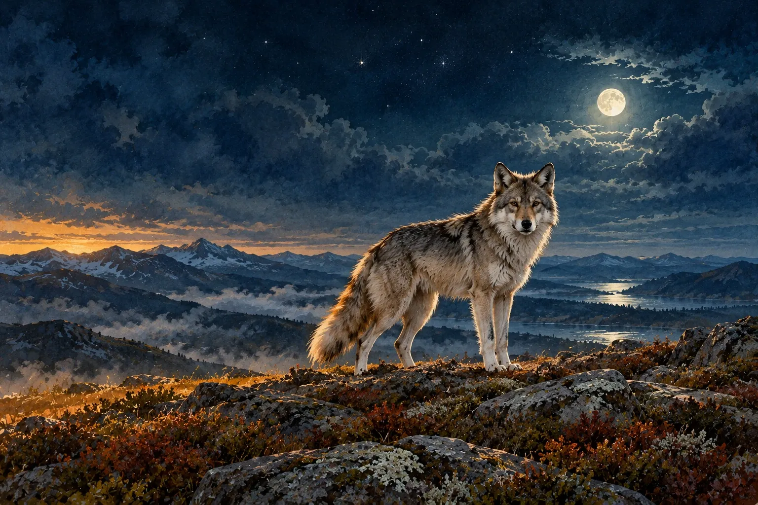 Dreamlike night painting of a wolf in its natural world.