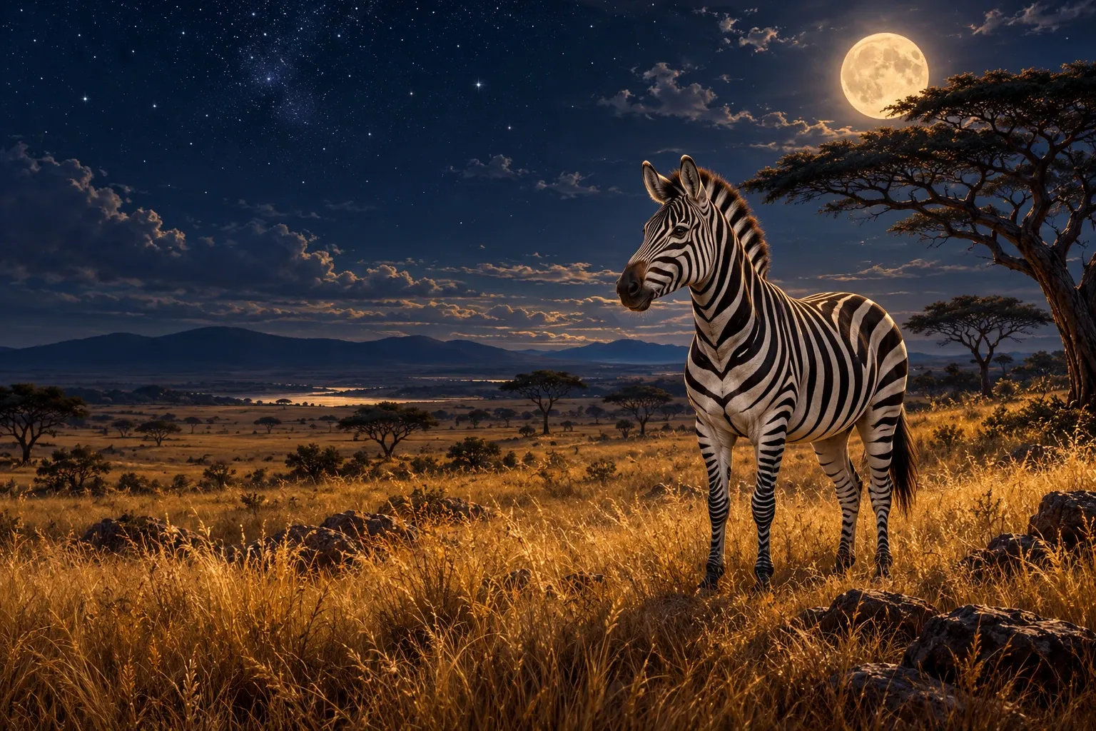 Dreamlike night painting of a zebra in its natural world.